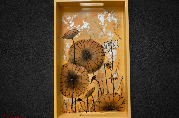 Rectangular yellow lacquer tray with hand painted lotus 25x40 cm